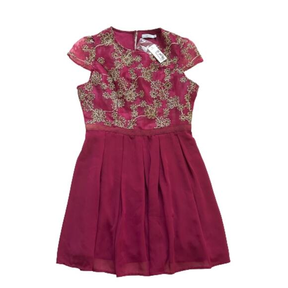 Jun Ivy Dress Berry Gold Floral Brocade Cap Sleeve Pleated Fit Flare Medium NEW - Picture 7 of 12